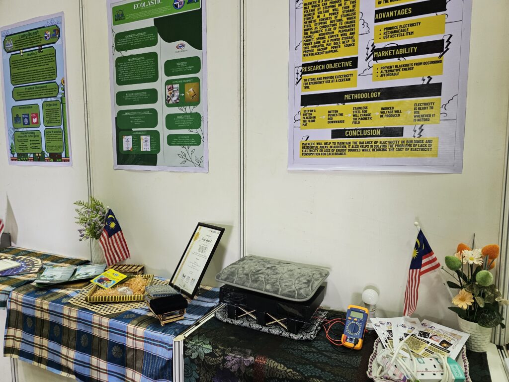 Innovation exhibition booth with visitors and project posters